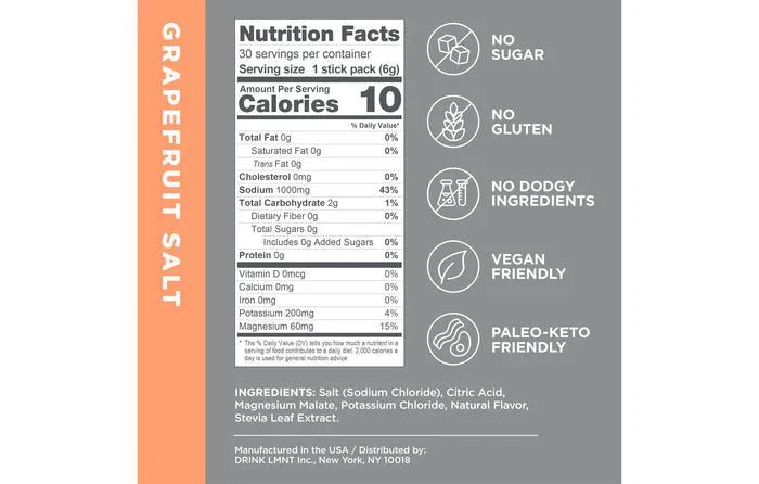 Nutrition label for LMNT Grapefruit Salt Electrolyte Mix - 30 Sticks showing ingredients, calories, and dietary claims on orange background.