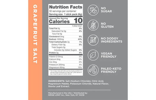 Nutrition label for LMNT Grapefruit Salt Electrolyte Mix - 30 Sticks showing ingredients, calories, and dietary claims on orange background.