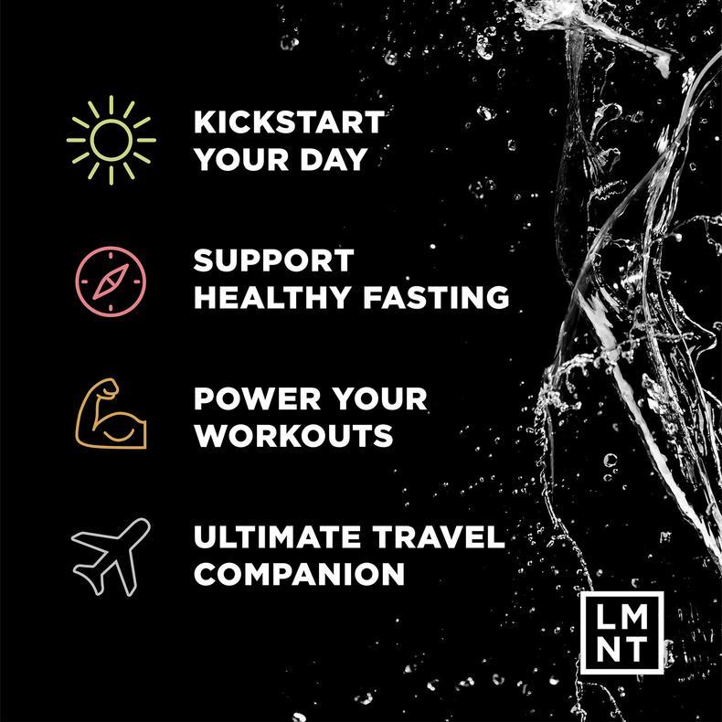 Black background with white text listing LMNT Taster Pack - 10 Sticks benefits and water splash on the side