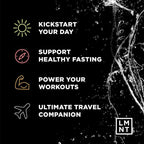 Black background with white text listing LMNT Taster Pack - 10 Sticks benefits and water splash on the side
