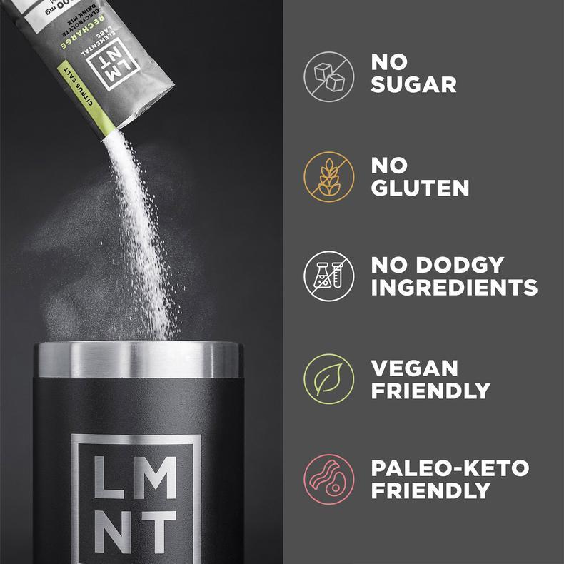 LMNT Taster Pack - 10 Sticks pouring powder into black cup beside icons for no sugar, gluten, dodgy ingredients, vegan, paleo-keto friendly