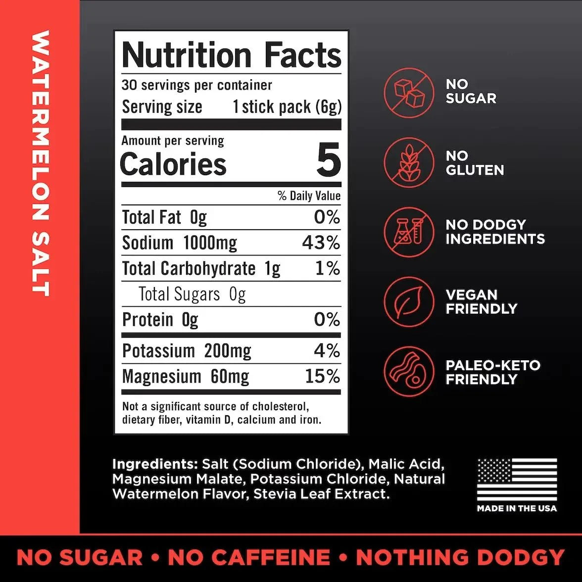 Nutrition facts label for LMNT Watermelon Salt Electrolyte Mix - 30 Sticks by LMNT showing calories, sodium, potassium, magnesium content, and dietary features including keto and vegan friendly.