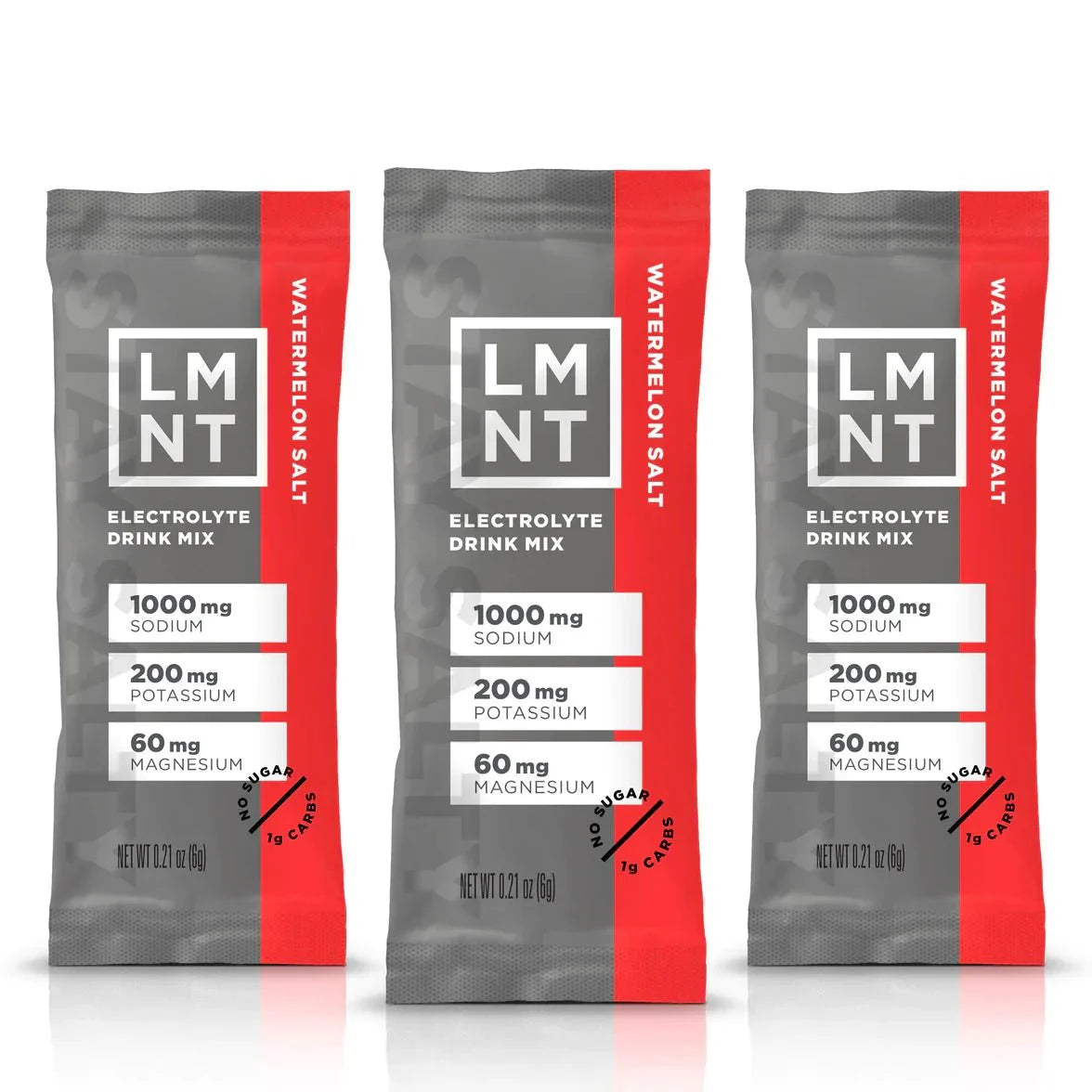 Three LMNT Watermelon Salt Electrolyte Mix - 30 Sticks packets highlighting sodium, potassium, and magnesium content.