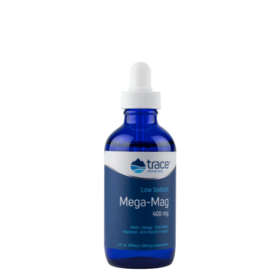 Trace Minerals Low Sodium Mega-Mag - 400mg - 118ml dietary supplement in blue dropper bottle packaging