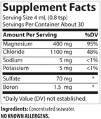 Supplement facts for Low Sodium Mega-Mag - 400mg - 118ml showing magnesium, chloride, sodium, potassium, sulfate, and boron content.