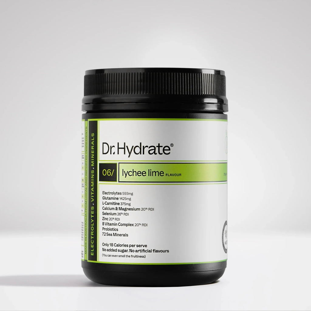 Lychee Lime Jar - 30 Serves by Dr. Hydrate with electrolytes, vitamins, minerals for hydration in a black container