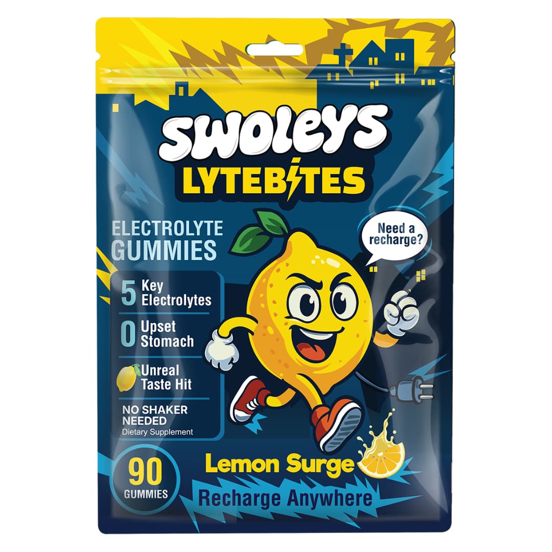 Swoleys LyteBites - Electrolyte Gummies - Lemon Surge pouch with lemon character and 5 key electrolytes for hydration