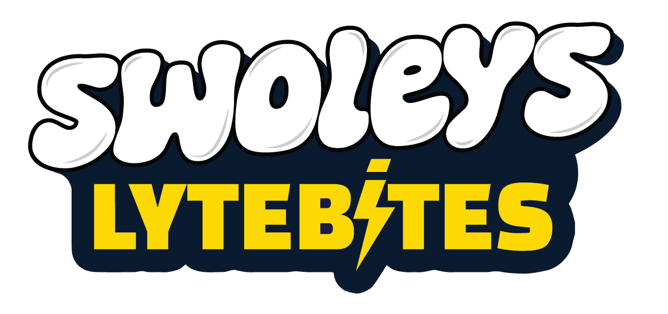 Swoleys logo with bold white and yellow text for LyteBites - Electrolyte Gummies - Lemon Surge on dark background