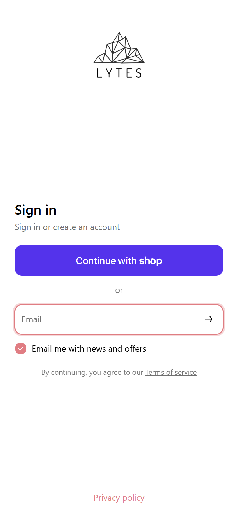 LYTES account sign-in screen with an email field