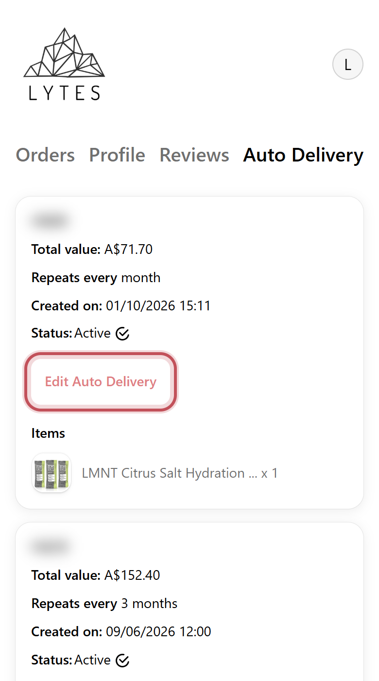 Auto Delivery tab listing subscriptions, with the Edit Auto Delivery button highlighted