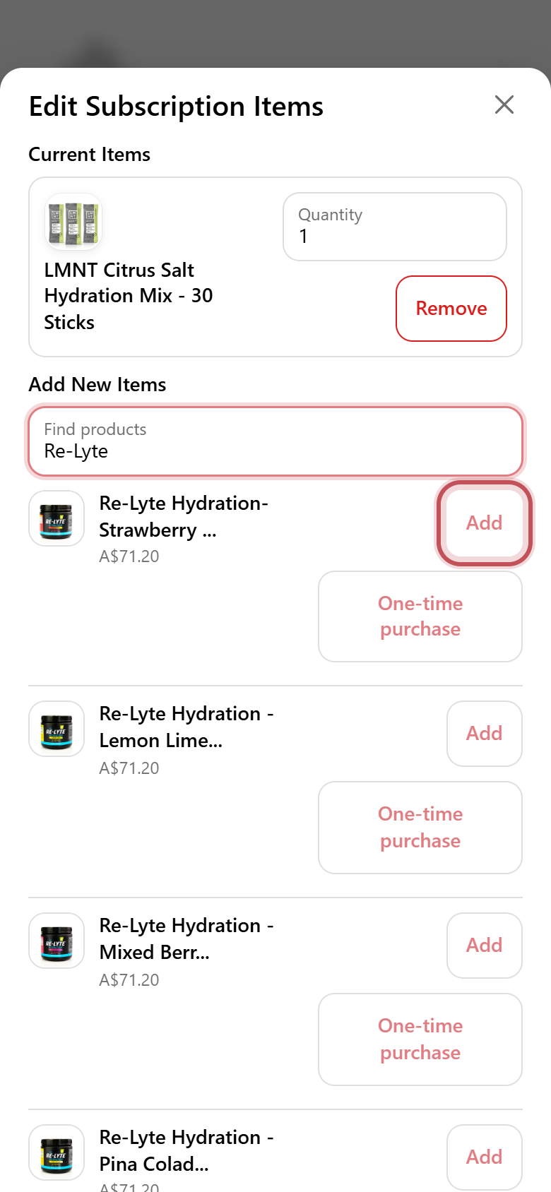 Edit Subscription Items with a product search and the Add button highlighted