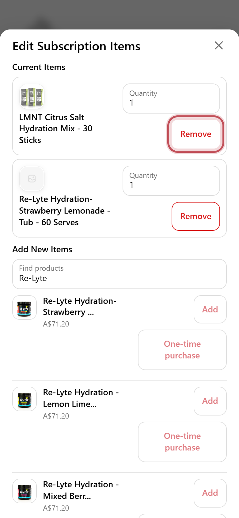 New flavour added to current items, with Remove highlighted on the old flavour