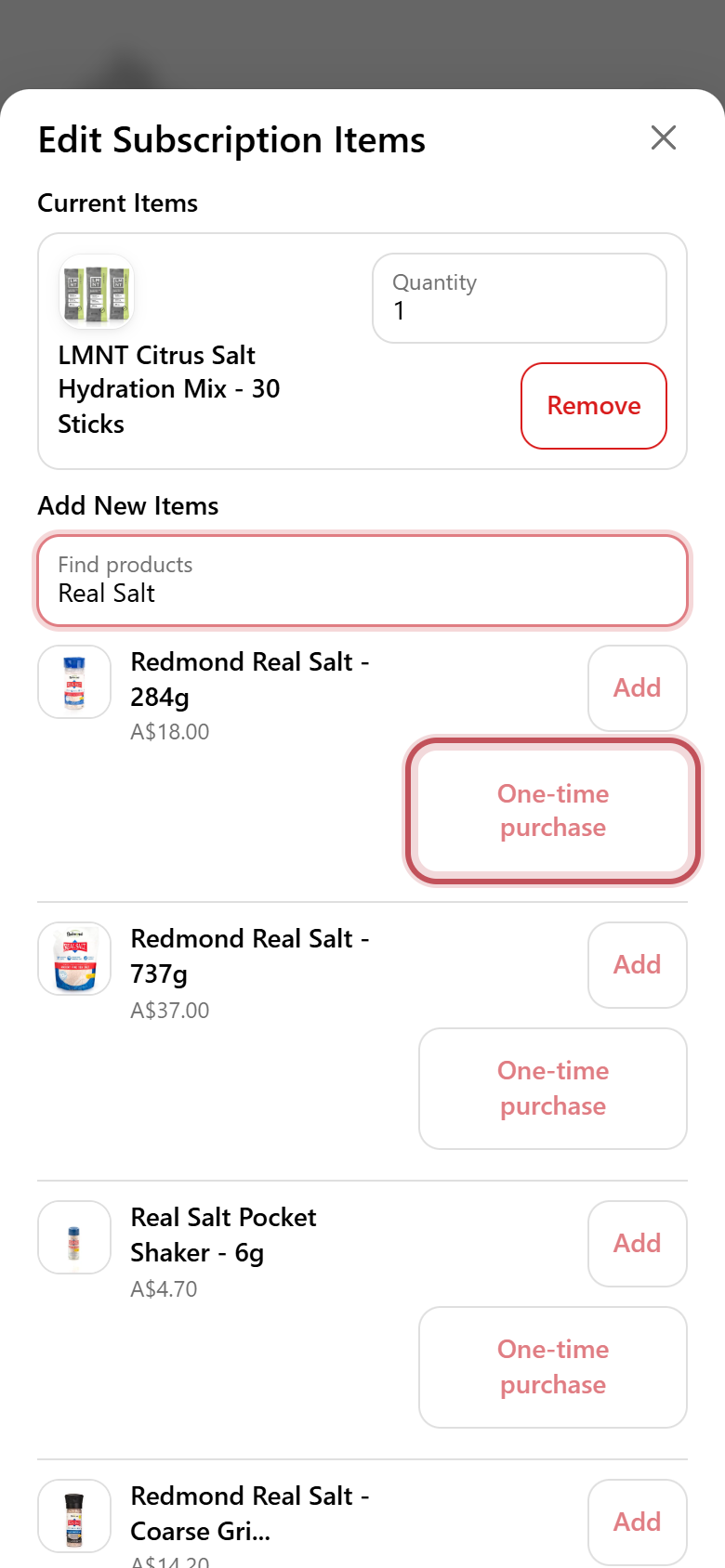 Product search with the One-time purchase button highlighted