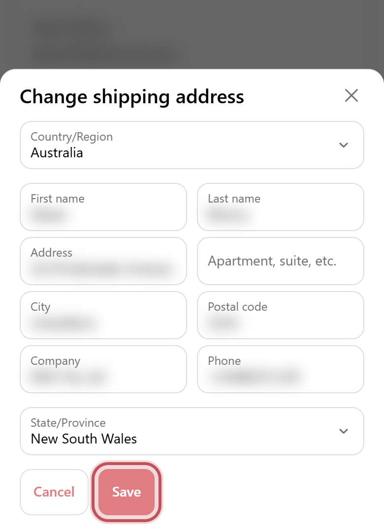 Change shipping address form with Save highlighted
