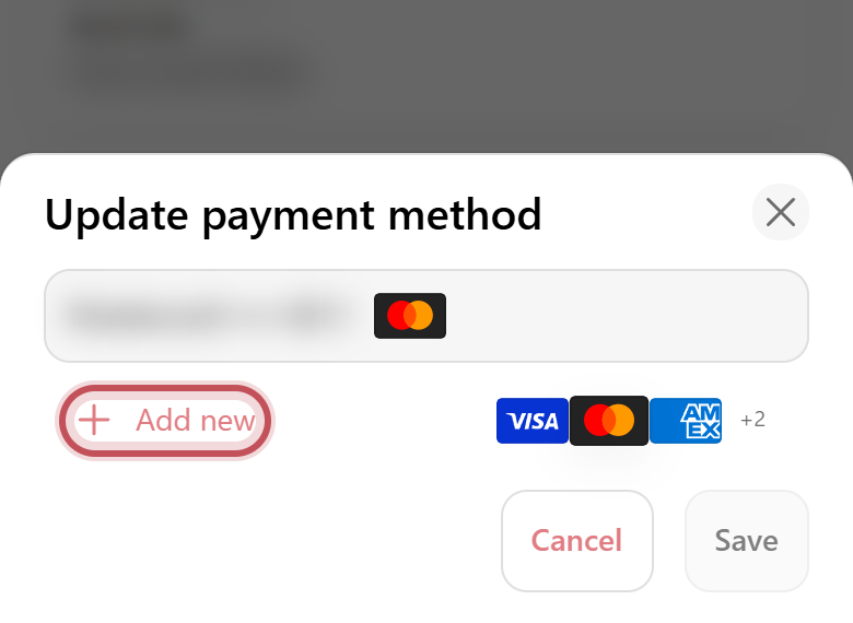 Update payment method pop-up with Add new highlighted