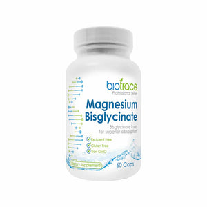 BioTrace Magnesium Bisglycinate - 60 Capsules dietary supplement bottle highlighting gluten-free and non-GMO features.