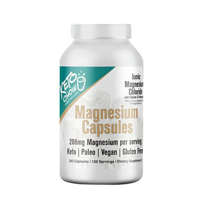 Magnesium Capsules - 240 caps dietary supplement by Keto Chow in white bottle, suitable for Keto and Vegan collections.