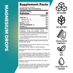 Supplement facts label for Magnesium Drops - 250ml showing minerals content, no sugar, gluten-free, paleo-keto, soy-free, and electrolyte packed.