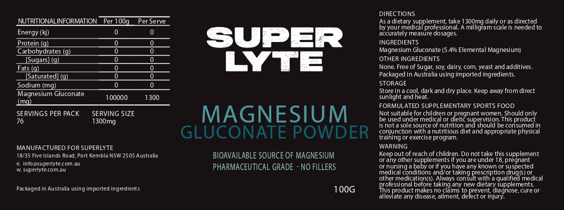 Magnesium Gluconate Powder - 100g by SUPER LYTE, sold at LYTES Australia