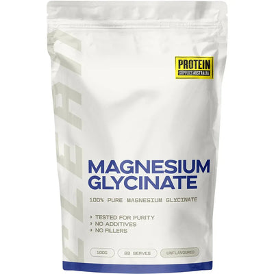 Magnesium Glycinate - 100% Pure - 100g by Protein Supplies Australia in resealable white pouch with blue and yellow branding
