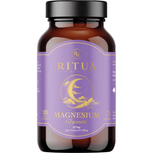 Ritua Magnesium Glycinate - 120 Capsules bottle with purple label, part of the OOS collection, Australian family business.