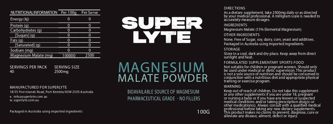 Magnesium Malate Powder - 100g by SUPER LYTE, sold at LYTES Australia