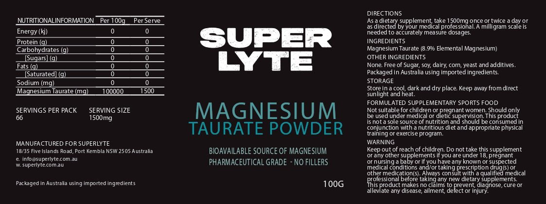 Magnesium Taurate Powder - 100g by SUPER LYTE, sold at LYTES Australia