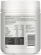 Back label of Multi-collagen Protein Peptides - Adaptogen Nootropic Blend - 210g by Best Of The Bone showing ingredients, usage, and nutrition facts.