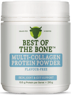 Multi-collagen Protein Peptides Powder - 210g by Best Of The Bone in white container with green and blue label details