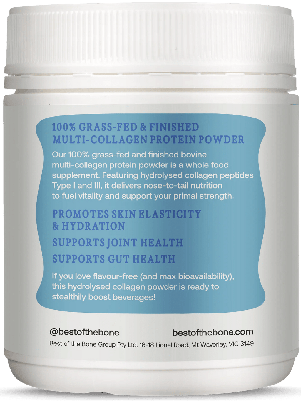 Container label of Multi-collagen Protein Peptides Powder - 210g by Best Of The Bone showing benefits for skin, joint, and gut health.