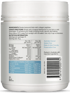 Nutrition facts label and ingredients on Multi-collagen Protein Peptides Powder - 210g by Best Of The Bone with usage directions.