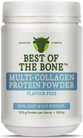 White container of Multi-collagen Protein Peptides Powder - 500g by Best Of The Bone promoting skin, joint, and gut support