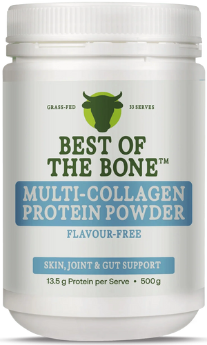 White container of Multi-collagen Protein Peptides Powder - 500g by Best Of The Bone promoting skin, joint, and gut support