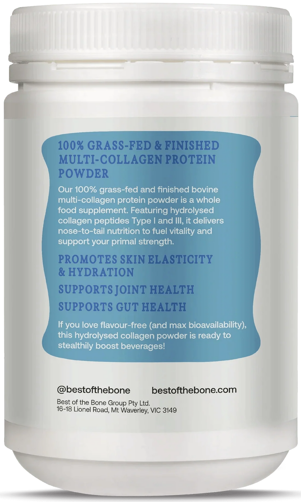 Back label of Multi-collagen Protein Peptides Powder - 500g highlighting benefits for skin, joints, and gut by Best Of The Bone.