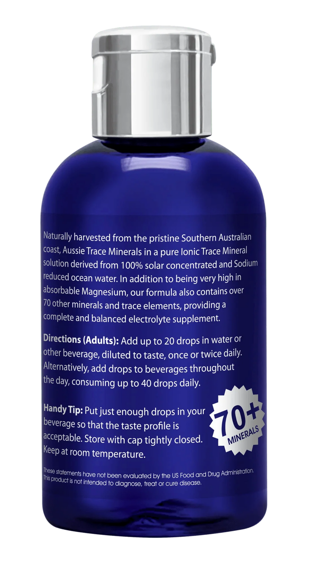 Blue bottle of Ocean Sourced Electrolyte Drops - 60ml by Aussie Trace Minerals with product information text and silver cap.