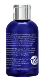 Blue bottle of Ocean Sourced Electrolyte Drops - 60ml by Aussie Trace Minerals with product information text and silver cap.