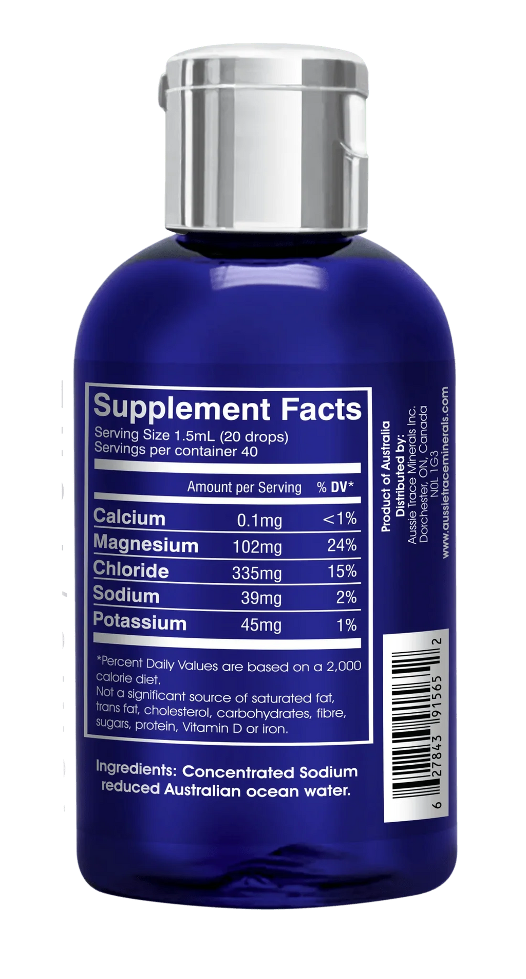 Ocean Sourced Electrolyte Drops - 60ml supplement facts label showing minerals from Aussie Trace Minerals collection.