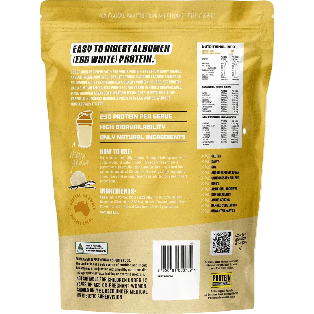 Back of Paleo Pro Vanilla Egg White Protein - 400g pack by Protein Supplies Australia showing nutrition, ingredients, and usage info.