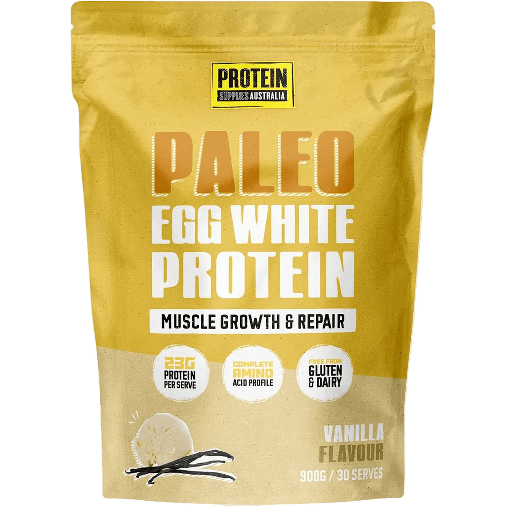 Paleo Pro Vanilla Egg White Protein - 900g by Protein Supplies Australia in golden resealable pouch for muscle repair and gluten-free diet.