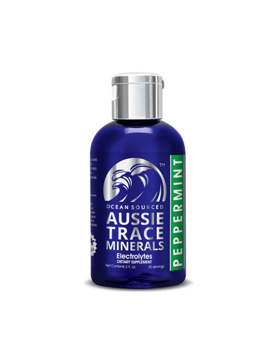 Peppermint Electrolyte Drops - 60ml bottle by Aussie Trace Minerals with blue label and silver cap on white background