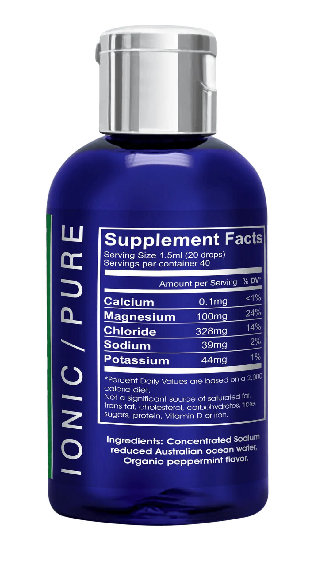 Peppermint Electrolyte Drops - 60ml supplement label showing minerals content including magnesium and sodium in blue bottle