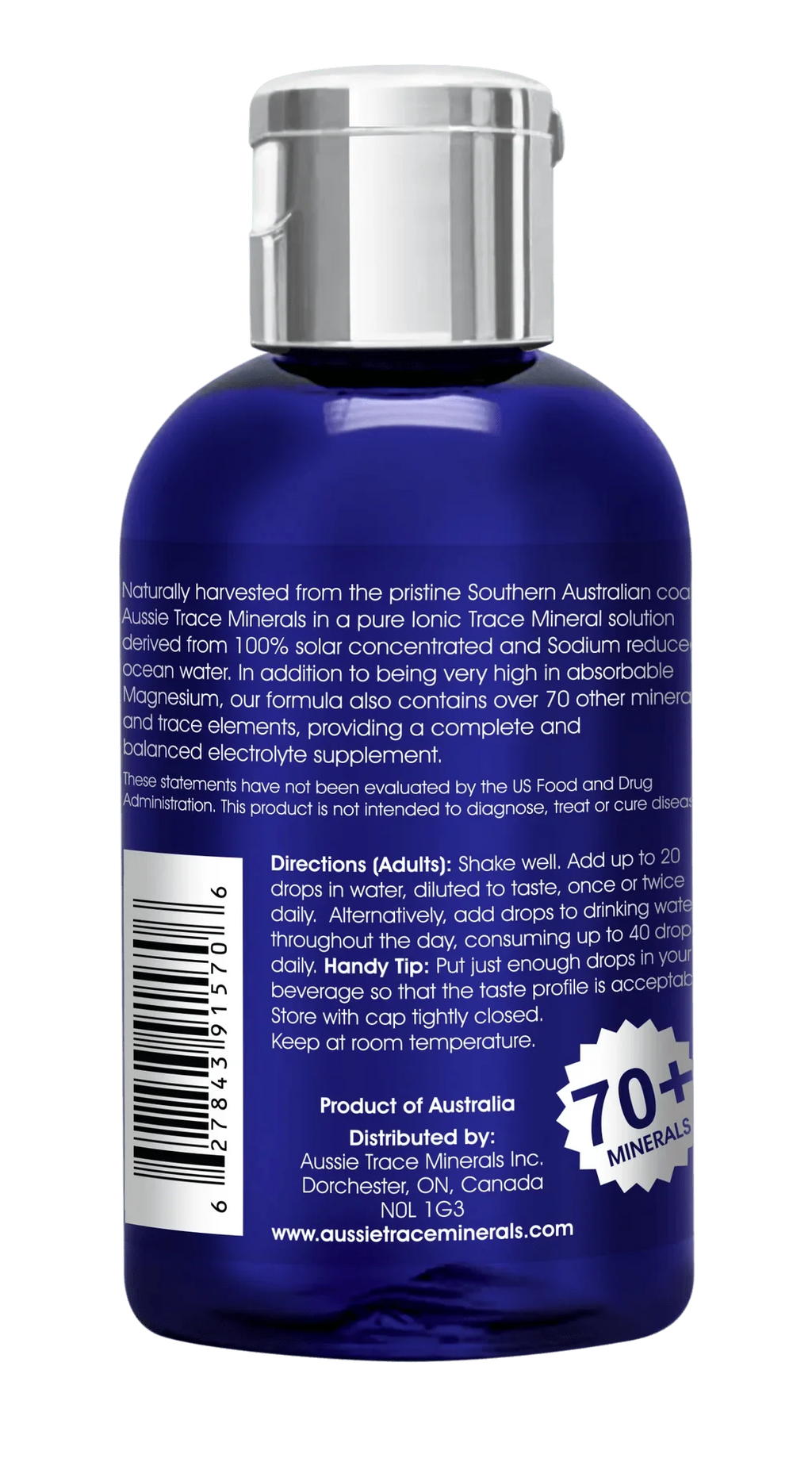 Back of Peppermint Electrolyte Drops - 60ml bottle showing usage instructions and mineral content details.