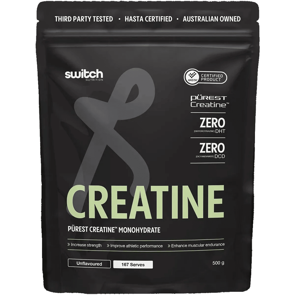 Black pouch packaging of Perform Purest® Creatine Monohydrate 500g by Switch Nutrition from New Arrivals, Creatine collection.