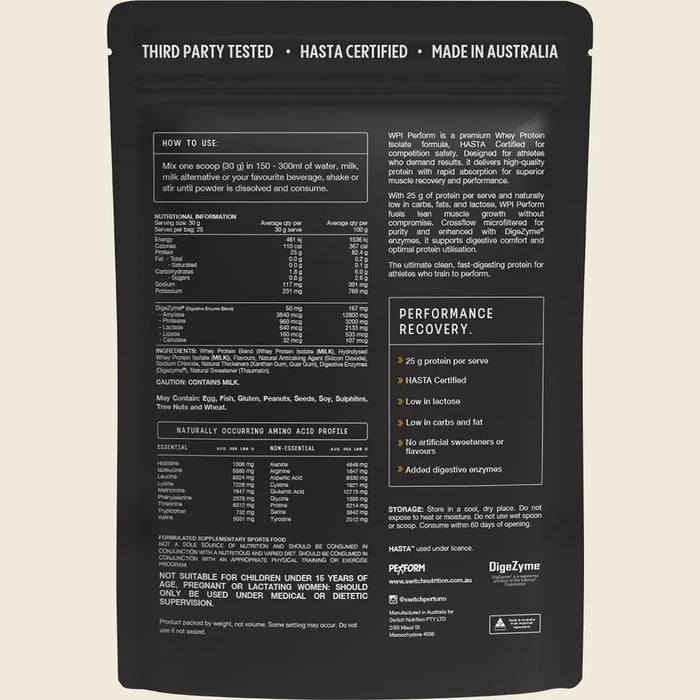 Back view of a Switch Nutrition Perform Whey Protein Isolate - Vanilla 750g pack displaying nutrition facts, ingredients, amino acid profile, usage directions, certifications, and benefits for performance and recovery.