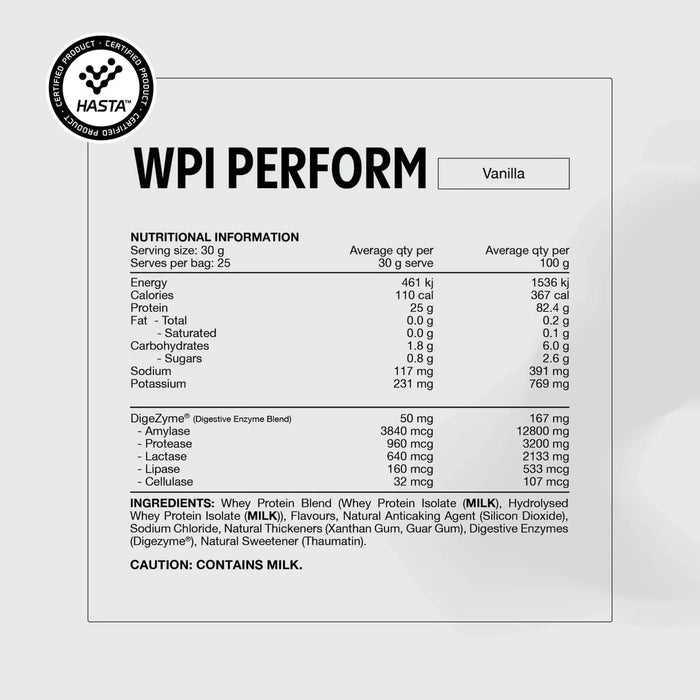 A nutrition label for Switch Nutrition Perform Whey Protein Isolate - Vanilla 750g details whey protein isolate, hydrolysed whey protein, serving size, calories, macros, enzyme blend, full ingredients list, and a milk allergy warning.