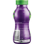 Back view of a purple juice bottle with a green cap, showing nutrition facts, ingredients, and a barcode on a white background.