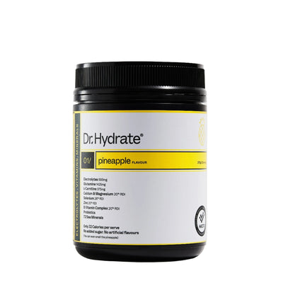 Dr. Hydrate Pineapple Jar - 30 Serves electrolyte powder with vitamins, minerals, and probiotics in black container with yellow label.