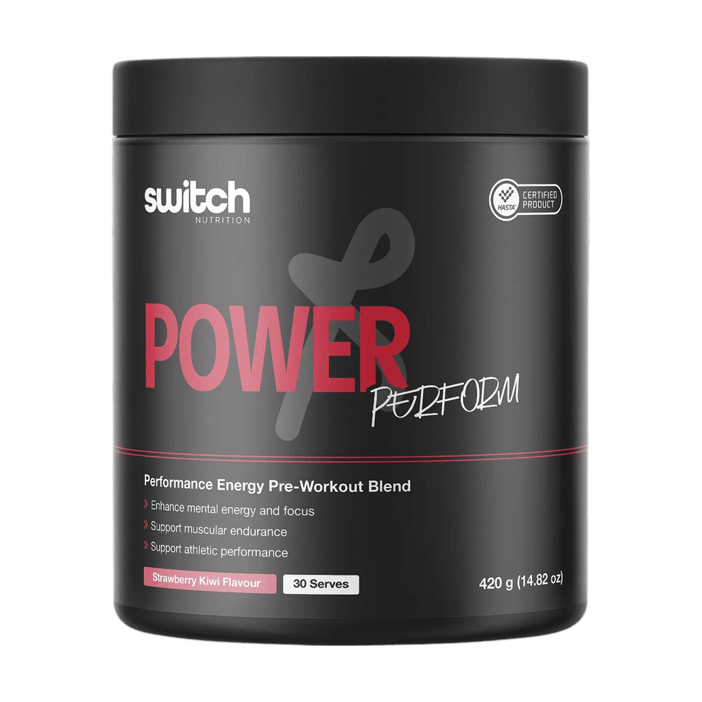 Front of the Switch Nutrition Power Perform Pre-Workout Blend Strawberry Kiwi 420 g tub