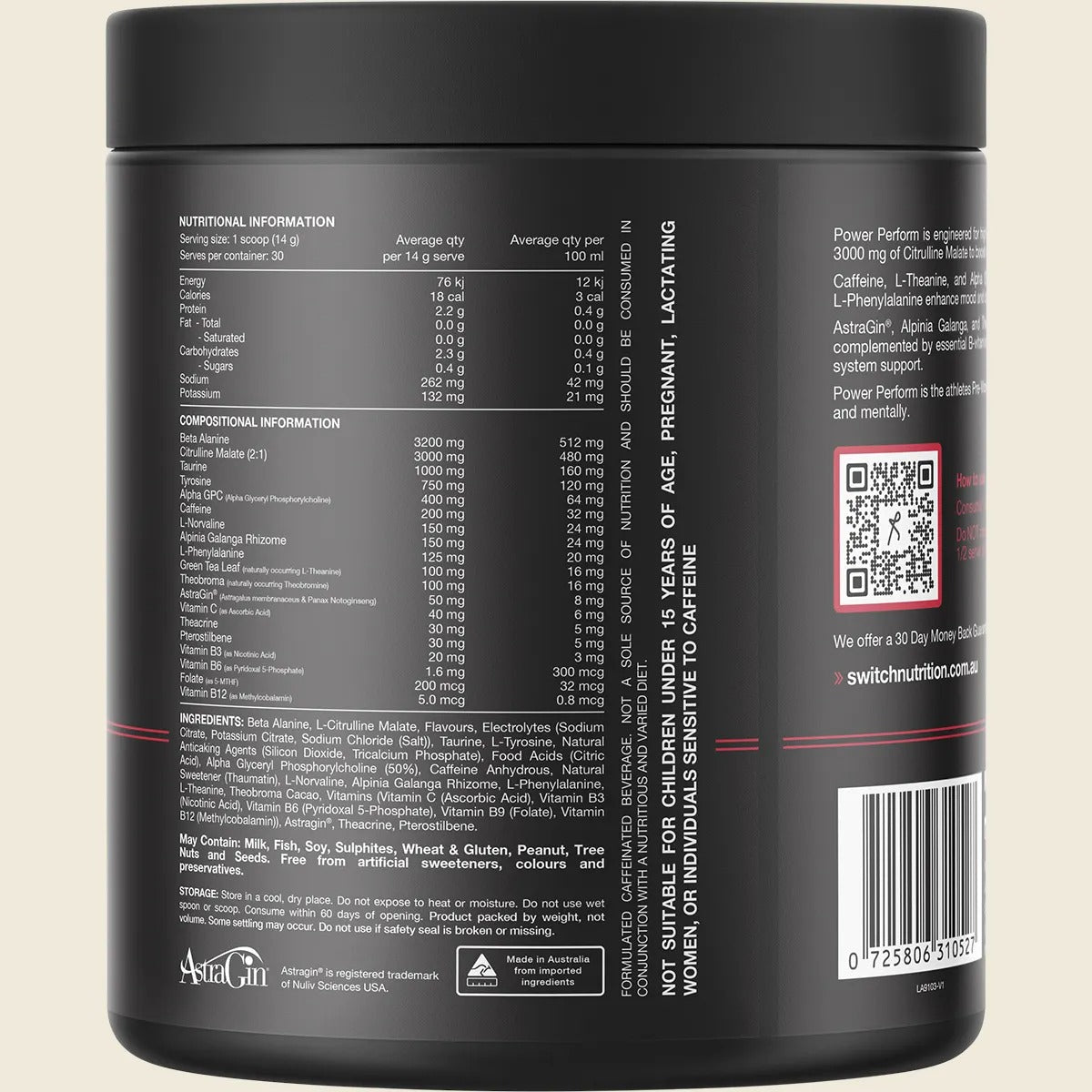 Back of the Switch Nutrition Power Perform 420 g tub with nutrition and compositional information, ingredients and storage