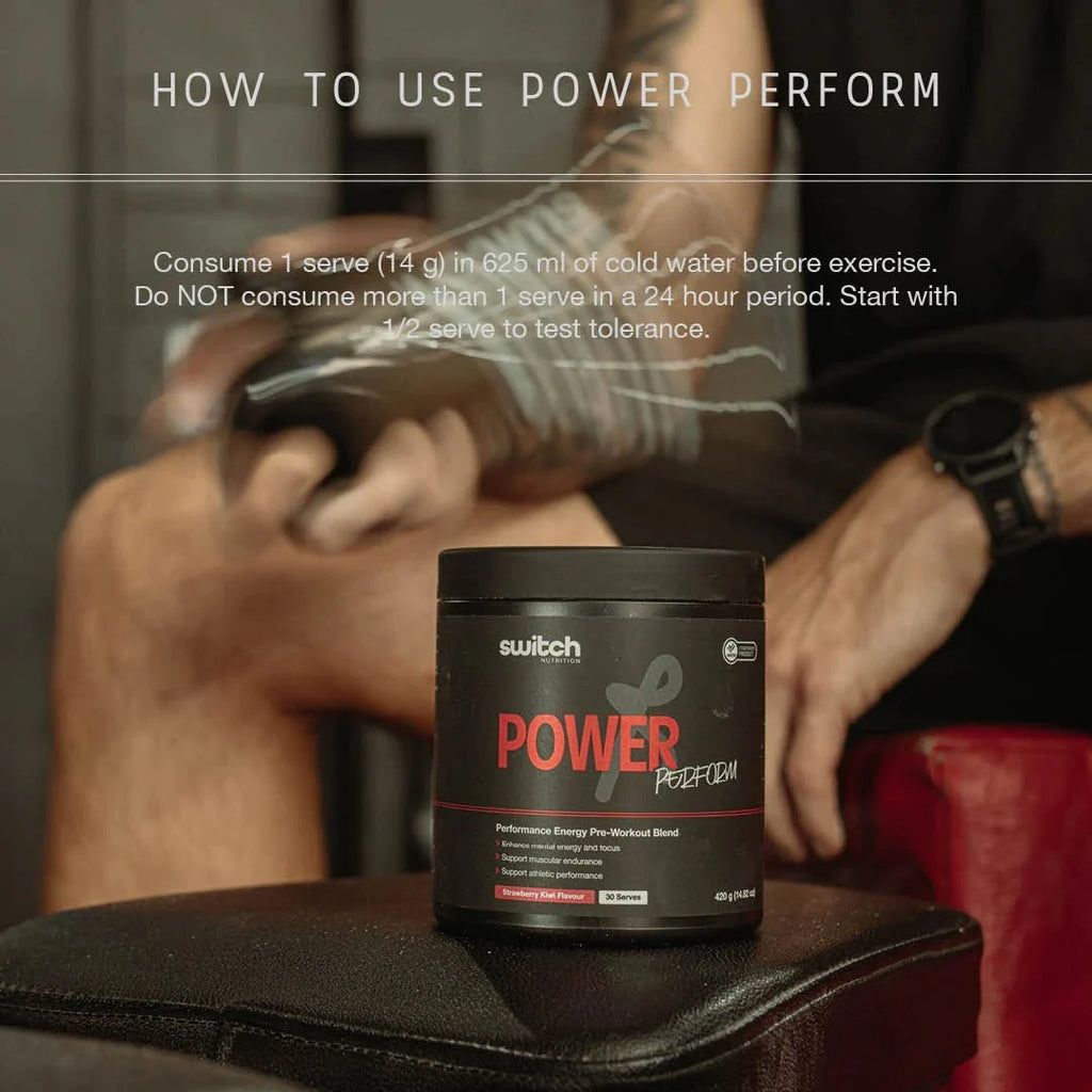 Switch Nutrition Power Perform Strawberry Kiwi tub with the directions for use printed above it